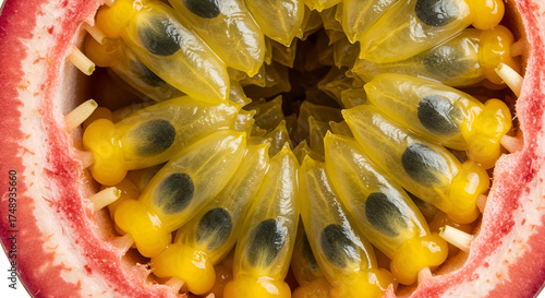 Cross-section of passion fruit with vibrant pulp details, isolated macro.