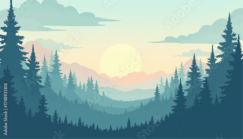 Sunset Over Mountain Forest Landscape with Pine Trees in Soft Pastel Colors