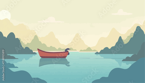 Serene Red Boat Floating on Calm Blue Water in Mountainous Landscape with Soft Light