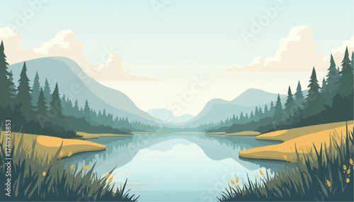 Serene Nature Landscape Illustration of Mountain Lake with Forest and Sky
