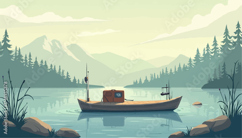 Serene Mountain Lake Scene with Small Wooden Boat in Calm Water and Forested Mountains