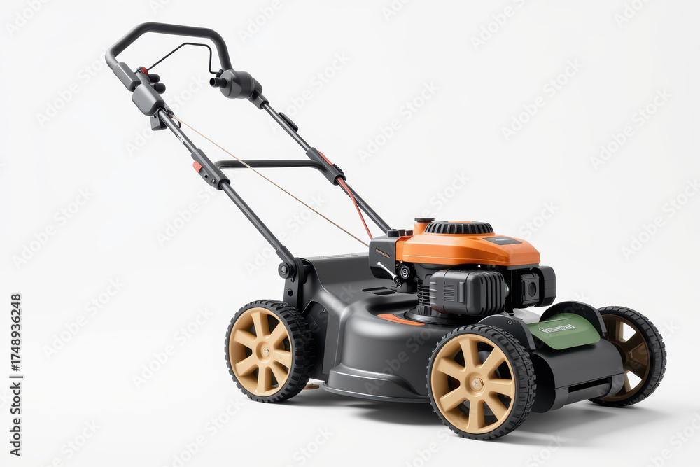 Fototapeta premium Modern push lawn mower with orange engine and ergonomic handle, ready for mowing grass