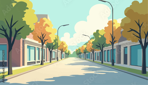 Colorful Illustration of a Quiet Tree-lined Street with Shops and Streetlights in Bright Daylight