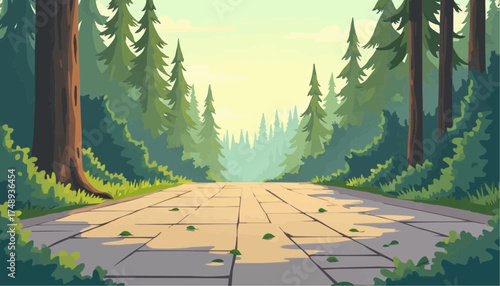 Serene Forest Pathway Surrounded by Tall Pine Trees in Sunny Day