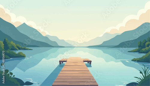 Scenic Lake with Wooden Dock Surrounded by Mountainous Landscape and Calm Water