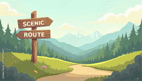 Scenic Mountain Landscape with Forest Path and Direction Signs in Bright Colors