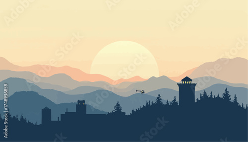 Silhouette of Castle Towers and Forested Mountains at Sunset with Helicopter