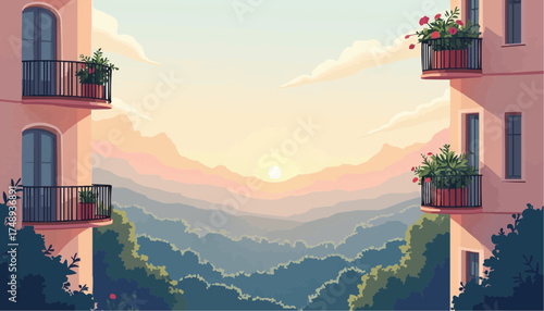 Sunset View of Mountain Landscape Between Pink Apartment Buildings with Green Plants in Balcony