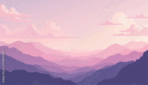 Pink Purple Mountain Landscape with Layered Hills and Soft Clouds in Artistic Style