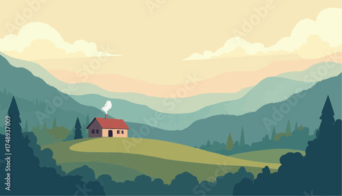 Serene Landscape Illustration of Mountain Hills and Small House with Smoke in Soft Pastel Colors