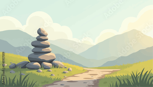 Peaceful Mountain Landscape with Stacked Rocks and Pathway in Sunny Day