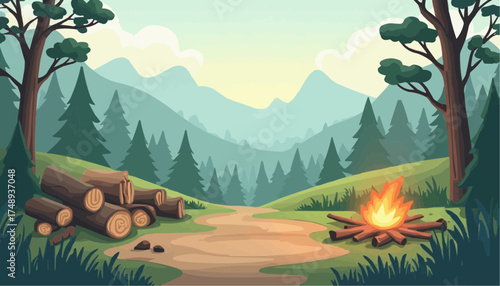 Illustration of Forest Path with Fire Pit and Log Pile in Mountainous Landscape