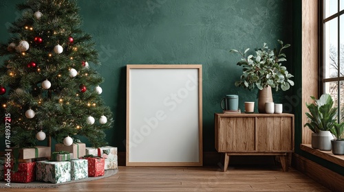 Christmas poster mockup with picture frame on floor next to decorated dark green Christmas tree with fairy lights and red and white baubles, festive interior scene