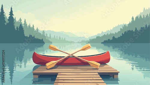 Red Canoe with Paddles on Wooden Dock Surrounded by Forested Lake Scene