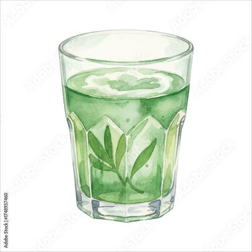 Absinthe Green Cocktail Watercolor Vector Illustration on White Background
