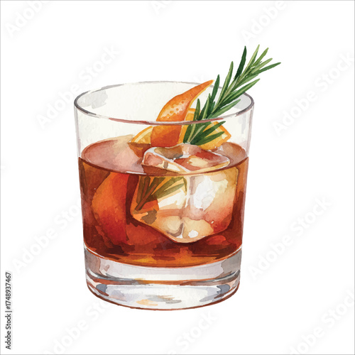 Amaro Herbal Cocktail Watercolor Vector Illustration on White Background
