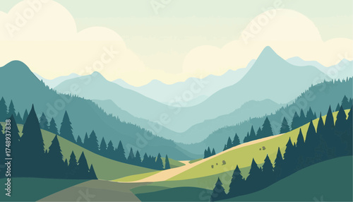Stylized Mountain Landscape Illustration with Green Forest and Pathway in Soft Pastel Colors