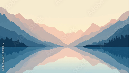 Stylized Mountain Landscape with Reflection in Calm Water during Sunrise or Sunset
