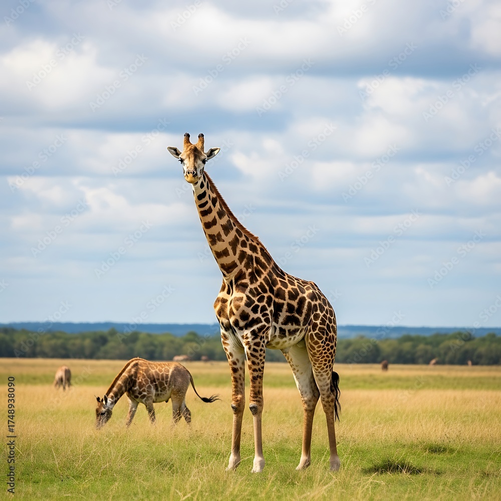 Obraz premium Giraffe and Zebra Grazing in African Savannah Landscape.