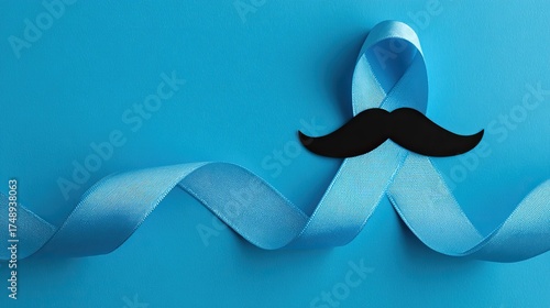 A simple modern design featuring a black mustache paper cutout and a light blue ribbon on a vibrant blue background to symbolize men's health, prostate cancer and World Diabetes Day awareness