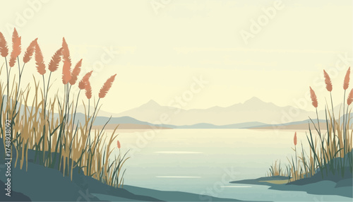 Serene Landscape with Calm Lake and Reeds in Soft Pastel Colors