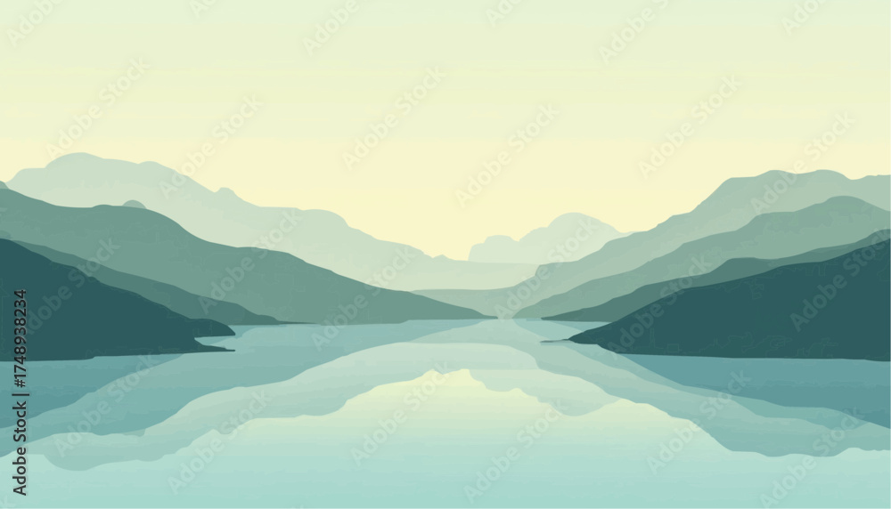 Obraz premium Abstract Mountain Landscape with Calm Water in Soft Blue and Green Tones