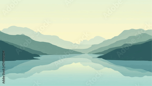 Abstract Mountain Landscape with Calm Water in Soft Blue and Green Tones