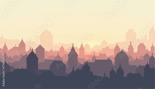 Silhouette of City Skyline During Sunset with Pastel Sky and Layered Buildings