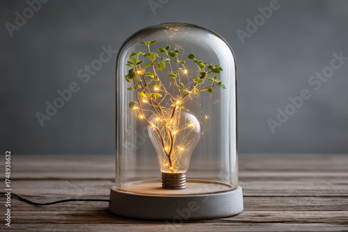 Tiny green sprouts growing under a warm lamp inside a glass dome symbolizing creativity