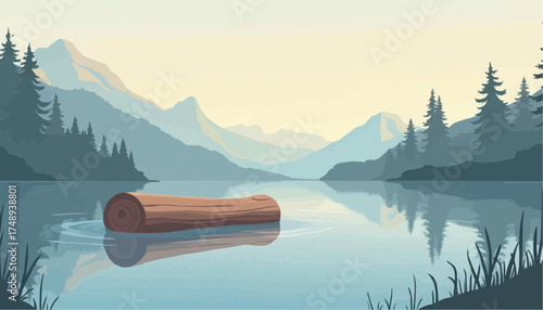 Serene Mountain Lake Landscape with Forested Shores and Floating Log in Calm Water
