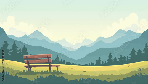 Serene Mountain Landscape with Empty Wooden Bench in Green Meadow
