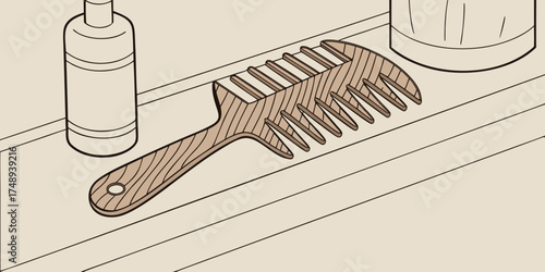 Wooden comb on shelf beside toiletries and container in minimal style  