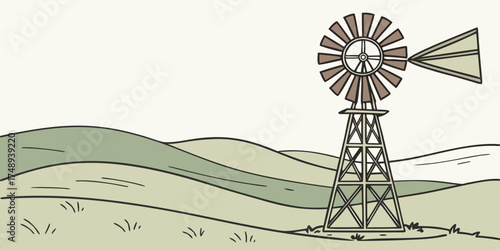 Wind-powered water pump illustration in a rural landscape  
