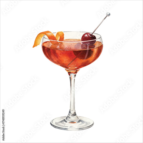 Watercolor Manhattan Cocktail Illustration on White Background

