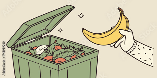Hand holding banana over compost bin with vegetables inside  