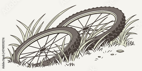 Bicycle tires resting on grass in a natural outdoor setting  