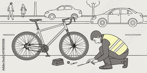 Man repairing bicycle tire on roadside while wearing reflective vest  