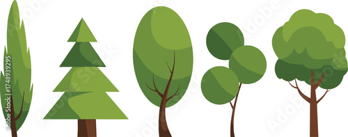 Modern illustration of five stylized trees in minimal design, geometric nature concept, eco friendly vector art for environmental theme