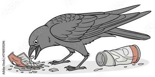 Black bird pecking at trash and paper on white background  