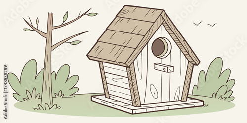 Hand-drawn wooden birdhouse with tree and bushes in garden  