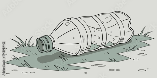 Crushed plastic water bottle lying on grass in outdoor setting  