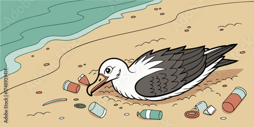 Dead seabird lying on beach surrounded by plastic waste  