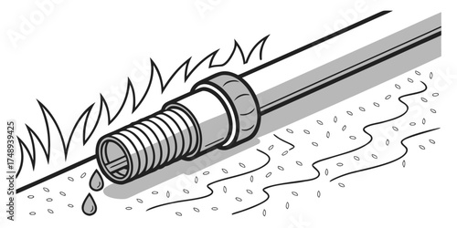 Drip irrigation pipe close-up with water droplets on grass  