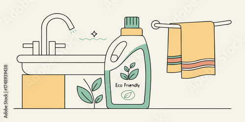 Eco-friendly detergent bottle beside sink with kitchen towel hanging  