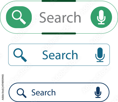 Three Stylish Search Bars Displaying Magnifying Glass, Text, and Microphone Icons for User Input Methods on Clean White Background