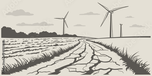 Eroded field with cracked soil and wind turbines in background  