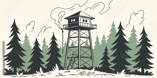 Forest fire watchtower surrounded by pine trees in a mountainous landscape  