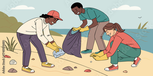 Friends cleaning the beach while collecting trash in protective gloves  