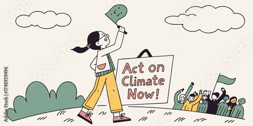 Girl holding sign at climate rally with crowd and green hills  