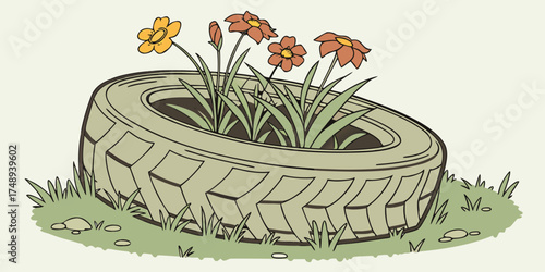 Old tire repurposed as flower pot with blooming flowers and grass  